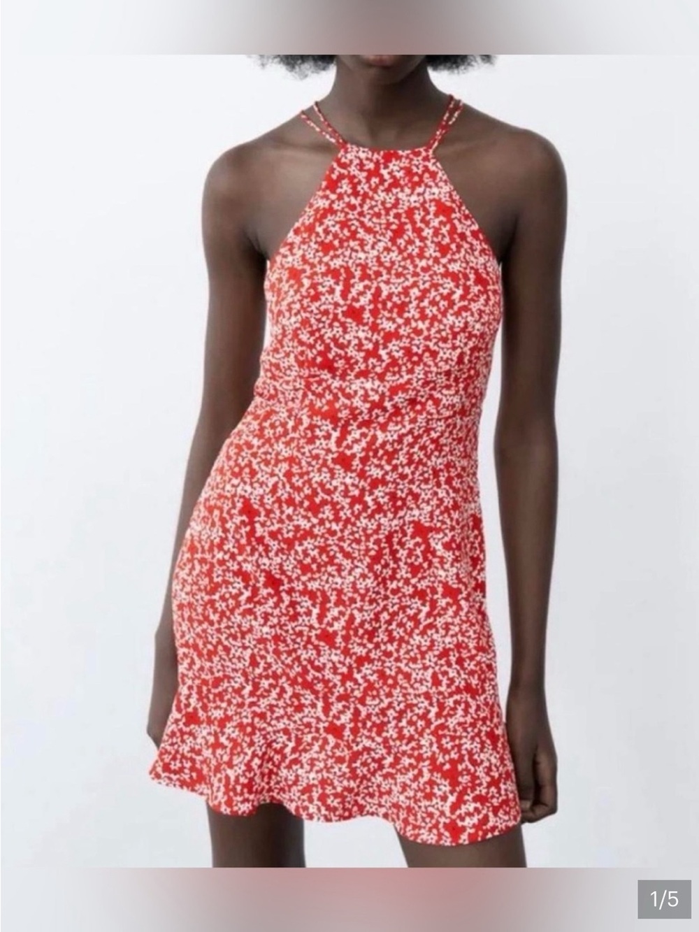 Zara Red Floral Smocked Halter Dress with White Print